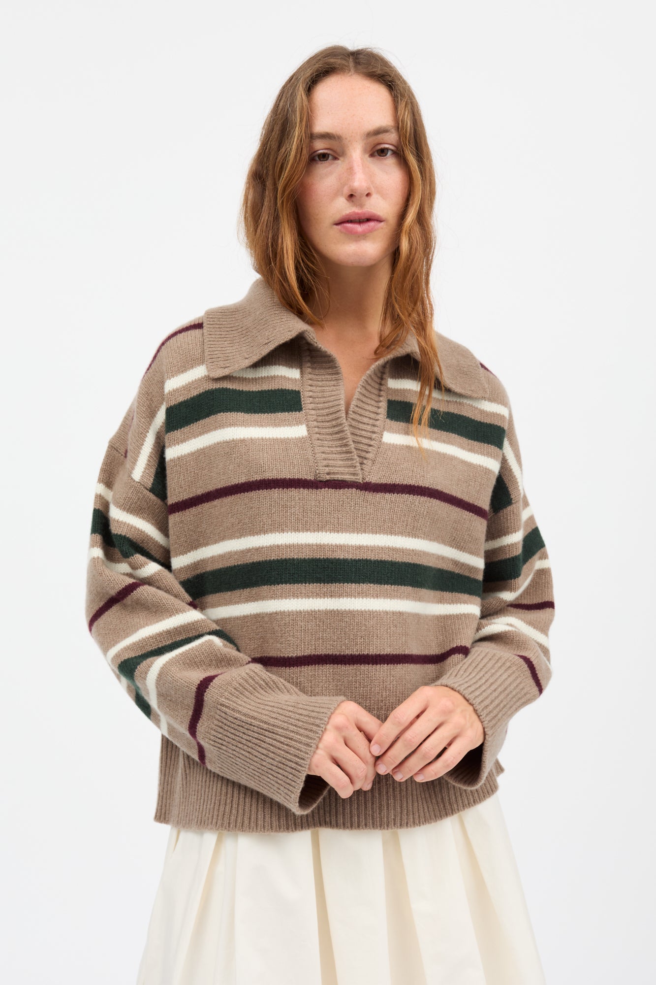 Skall Studio Paul V-neck jumper Jumper Light brown/green/wine stripe